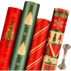 Panigkids Christmas Wrapping Paper(Including Jute Twine), 4 Rolls vintage wrapping paper with Geometric Stripes, Tree & Snowflakes Designs for Christmas Gift Wrap, Thanksgiving & Holiday & Party , 16.9'' x 16.4' (Green)