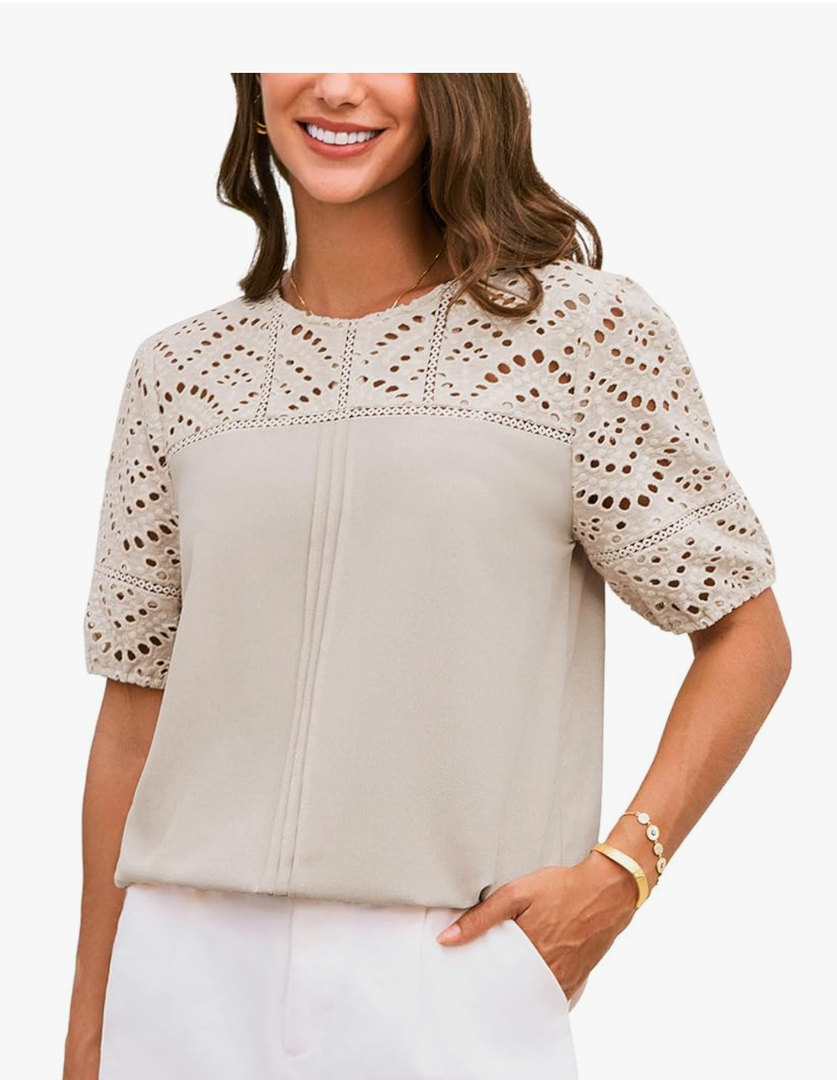 GRACE KARIN Women's 2025 Casual Tops Short Sleeve Eyelet Embroidered Summer Trendy Shirts Crewneck Crochet Blouses, Size:2XL