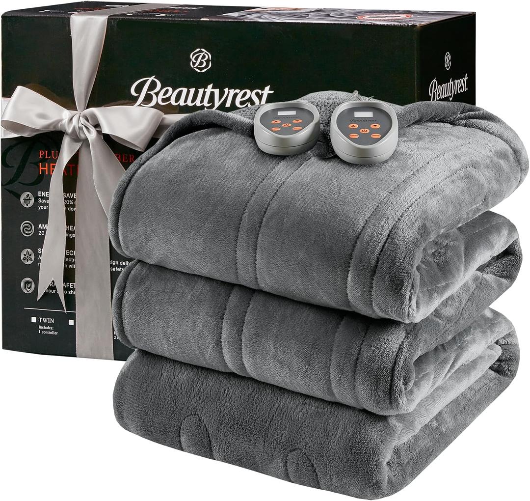 Beautyrest Heated Blanket, Electric Blanket, Soft, Warm, Reversible Plush - Sherpa Heating Blanket with 20 Heat Settings, 110 hrs Timer Auto Shut Off, Machine Washable, King (90 in x 100 in), Grey