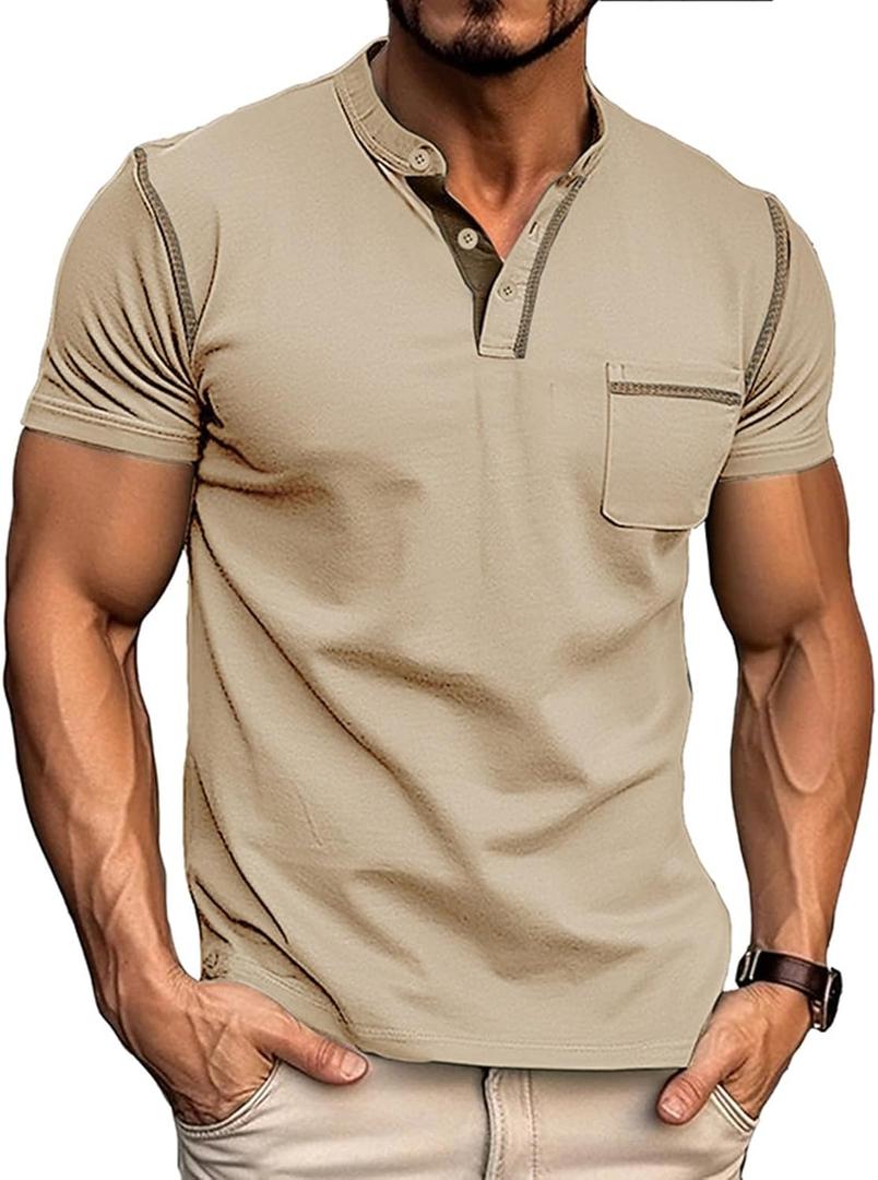 Aulemen Men's Henley Shirts Short Sleeve Casual Lightweight Slim Fit Basic Button T-Shirt with Pocket (Medium, Khaki)