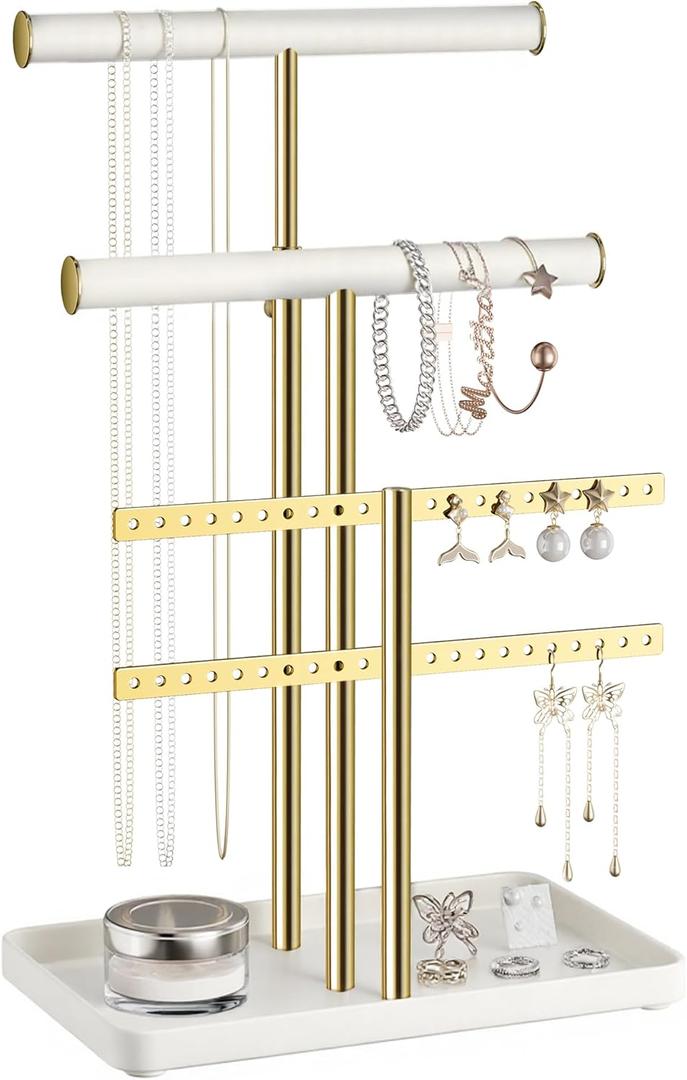 pickpiff Jewelry Holder Organizer with Velvet, Adjustable 10"-17" Tall, Metal Stand for Display Bracelet, Necklace, Earrings, Rings, White and Gold