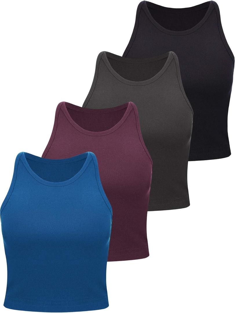4 Pieces Basic Crop Tank Tops Women Racerback Crop Tops Cotton Sport for Girls Lady Daily Wearing (Large, Black, Grey, Dark Red, Blue)