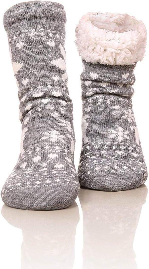 FRALOSHA Fuzzy Warm Slipper Socks Women Winter floor Socks Super Soft lined with Grippers reading Socks Cozy Sleeping Reindeer Socks (One Size, Grey)