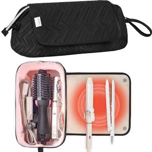 Leudes Hair Tools Travel Bag for Women Heat Resistant Mat for Travel Essentials Hot Tools Straighteners,Flat Irons,Curling Iron,Hot Air Brushes and Hair Dryer Organizer Bags 2 in 1(Black)