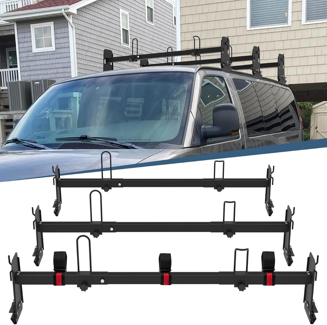 Universal Van Roof Rack 3 Bar Set, Black Van Roof Ladder Rack | Adjustable Length 41.5''- 70'', Fit for Chevy Express 1500 2500 3500 Ford Econoline GMC Savana Cargo Vans with Rain Gutter