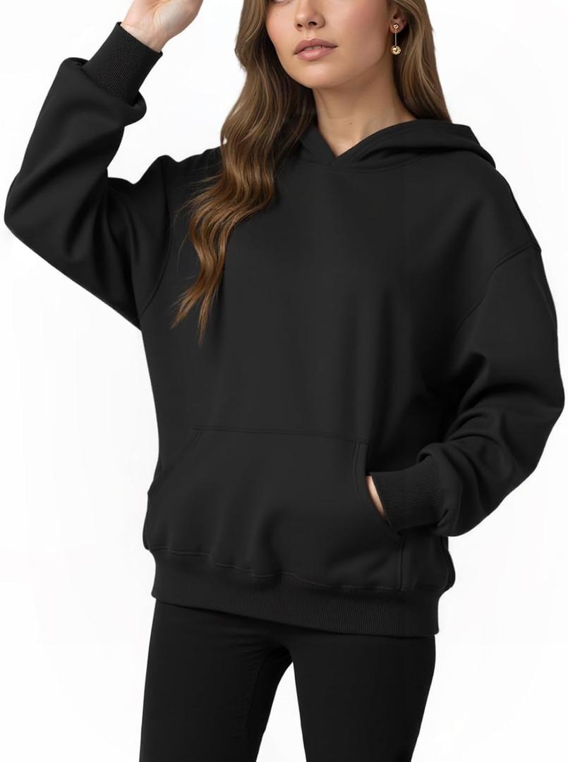 Womens Hooded Hoodies Sweatshirts - Long Sleeve Crewneck Sweaters With Pocket 2026 Fashion Spring Oversized Clothes (Large, Black)