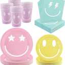 96 Piece Preppy Smiley Face Party Paper Plates Preppy Smile Face Party Decorations Preppy Tableware Set Paper Smile Face Plates Cups Napkins Cutlery Serve 24 Guest for Birthday or Baby Shower