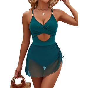 Blooming Jelly Women One Piece Swim Dress Tummy Control Bathing Suits Gold Metal V Neck Swimsuits Tie Back Mesh Swimwear (S,Blue Green) (Green, S)