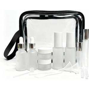18-Pack Glass Travel Bottles Set, 1.35/0.7/1 oz TSA Approved Containers with Pump Spray, White Small Bottles for Toiletries, Makeup, Skincare