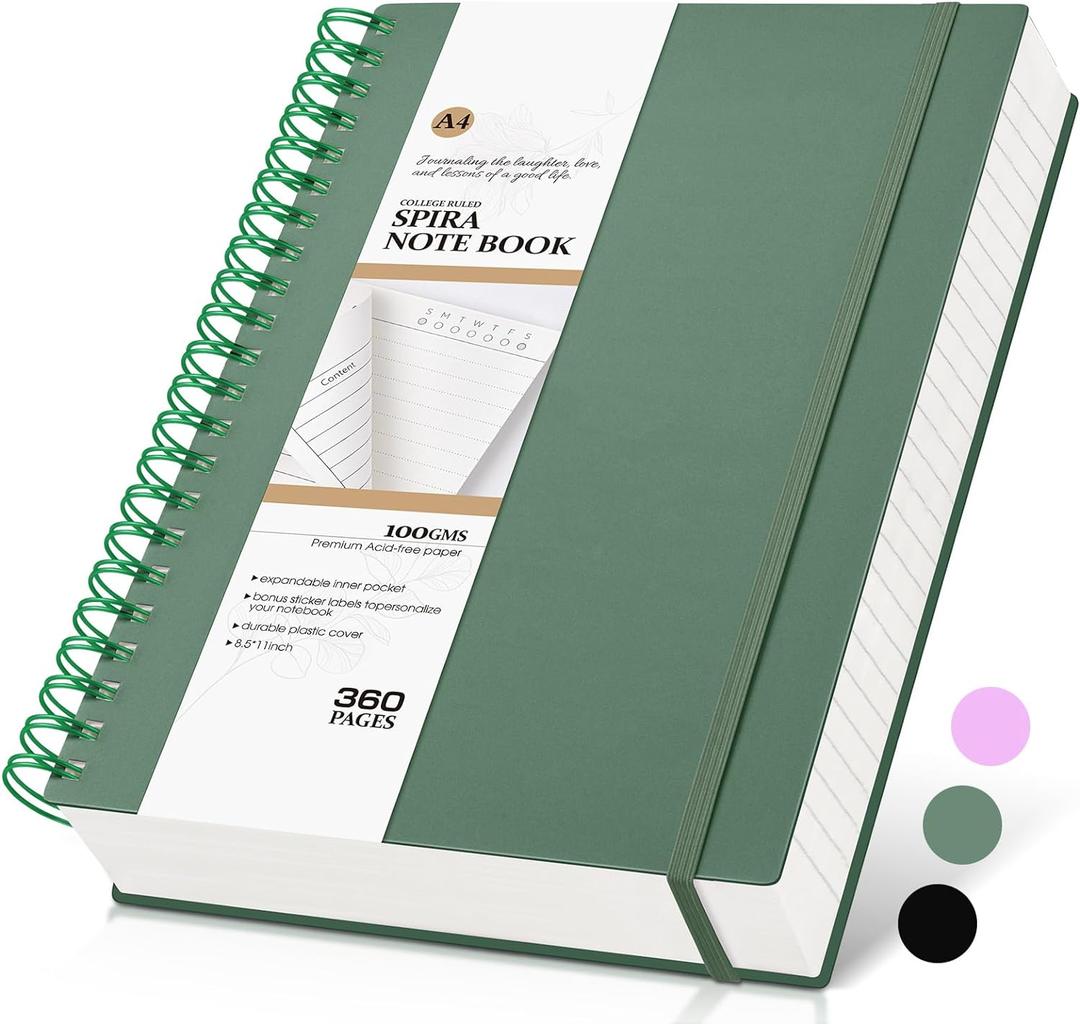 Spira Notebook Journal College Ruled 8.5''x 11'', 360 Pages Lined Thick Journals for Women Men, A4 Large Spiral Notebooks with 100GSM Paper, Spiral Journaling for Writing Work, School Green