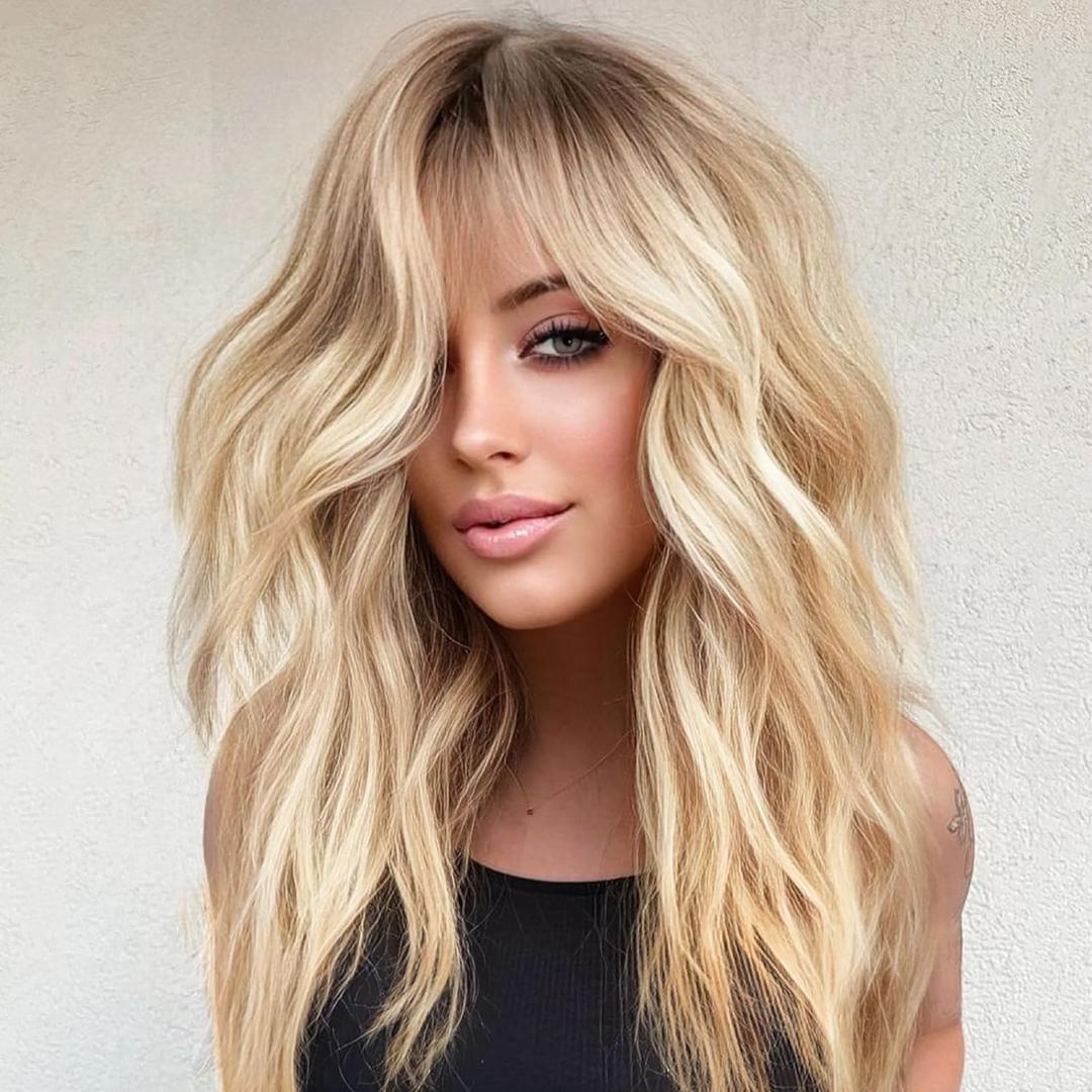 Ombre Blonde Wig with Bangs,Blonde Highlight Wavy Wigs for Women,Shoulder Length Curly Synthetic Hair Wig for Party Daily Use 18IN