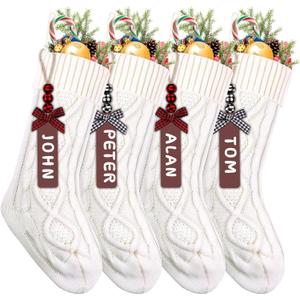 XIMISHOP 4PCS White Christmas Stockings, 18inch Large Personalized Cable Knitted Xmas Hanging Stocking Decorations with Name Tags for Holiday Christmas Party Family Decor