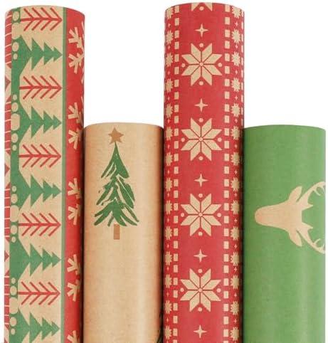 LaRibbons Kraft Christmas Wrapping Paper Set, 30 Inch X 10 Feet (4 Rolls: 100 Sq. Ft. Ttl) Snowflake, Green Tree, Deer Antlers and Gift Box Shapes Design for Xmas, Party, Holiday, Celebration