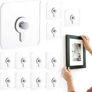12 Pcs Picture Hangers without Nails, 20 Ibs Load Heavy Duty Self Picture Hanging Hooks for Hanging, Waterproof Adhesive Picture Hooks for Bathroom Kitchen, Transparent Sticky Hooks for Frames