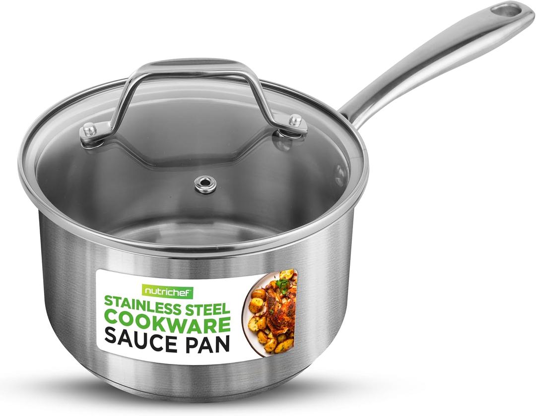 NutriChef 2 Quart Stainless Steel Saucepan with Lid - Heavy Duty Pot with Ergonomic Handles, For All Cooktops