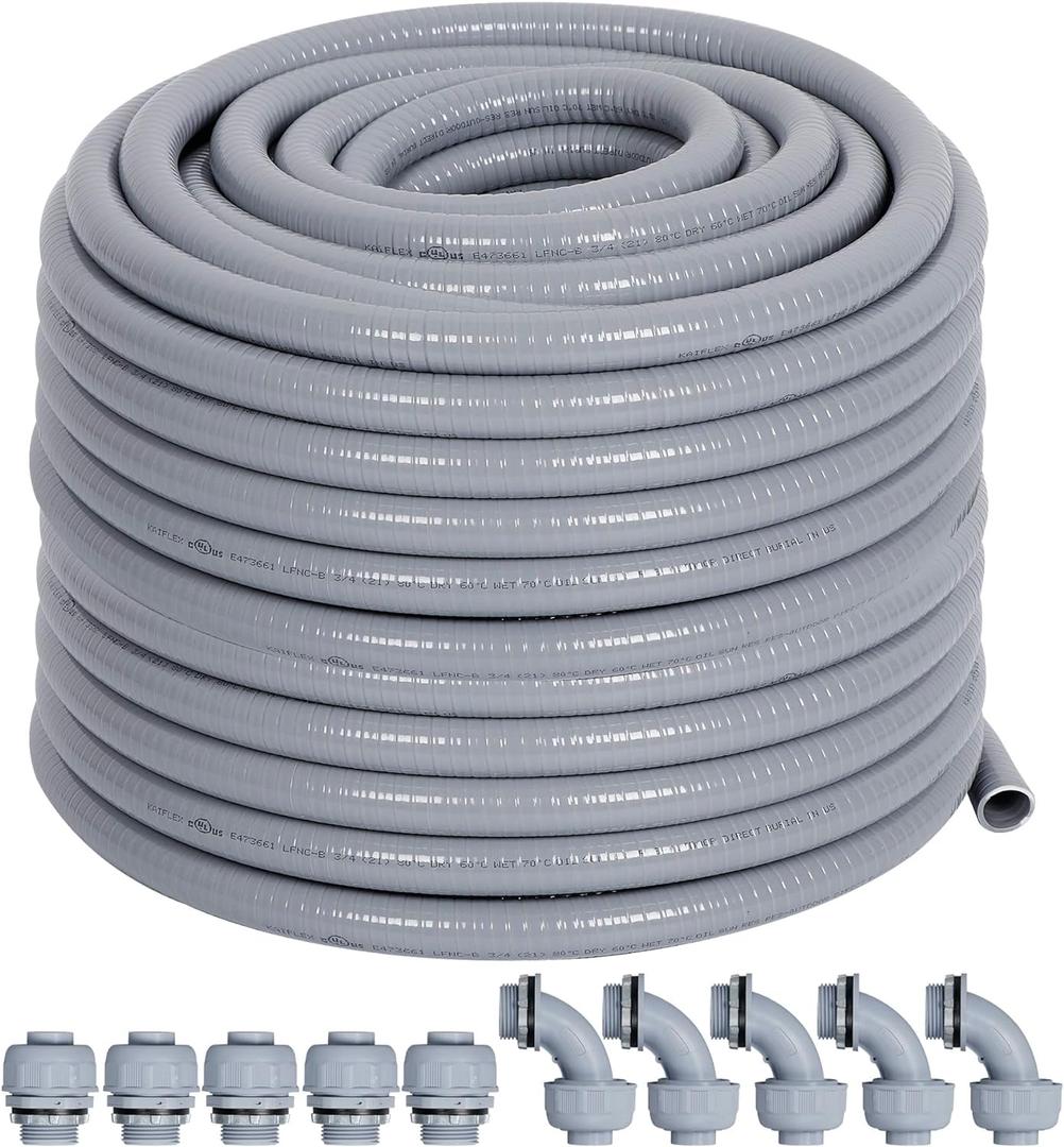 Liquid-Tight Conduit 100 ft and 10 Pieces of Connector Kit, Electrical Conduit 3/4 100ft w/UL Certification, Flexible Conduit with 5 Straight and 5 90-Degree Conduit Connector Fittings
