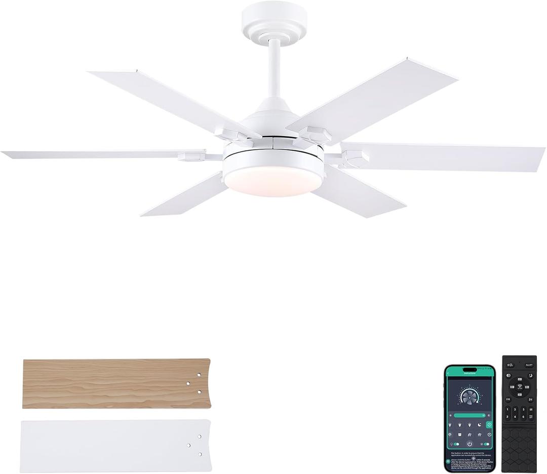 46 - Inch White Outdoor Ceiling Fan with Dimmable 3 - Color Light & Remote: Quiet 6 - Speed Reversible DC Motor, Ideal for Living Room, Patio & Kitchen