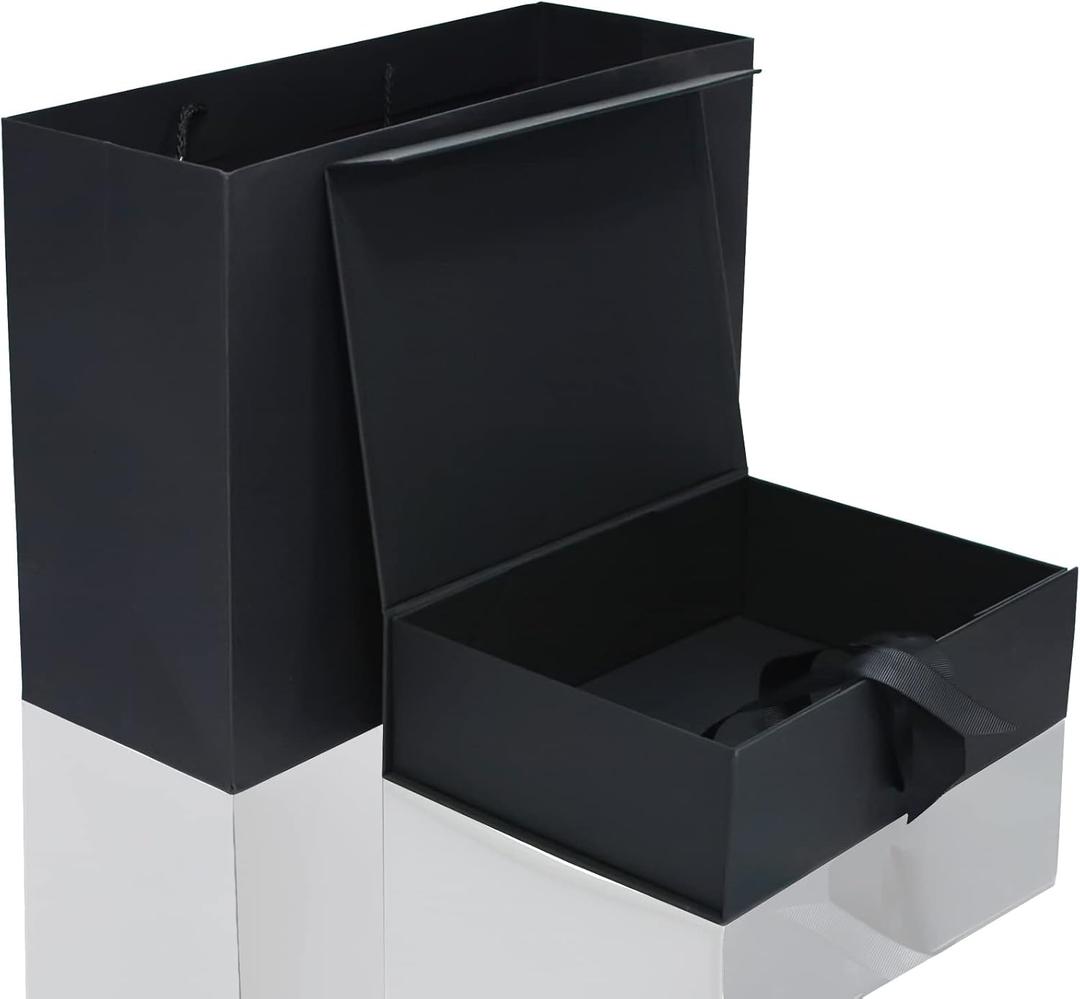RUIFYRAY Large Black Luxury Magnetic Gift Box with Lid, Ribbons and Gift Bag, 12.2x8.7x4 Inches, Great for Christmas, New Year, Wedding, Birthdays, Man
