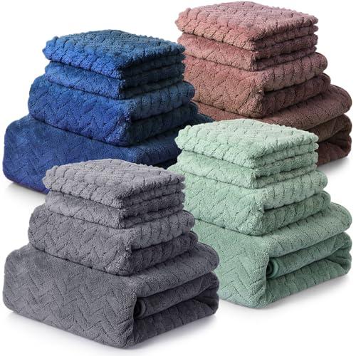 Mixweer 16 Pieces Bath Towels Sets Quick Dry Towel Set for Bathroom Included 4 Bath Towels 4 Hand Towels and 8 Washcloths Absorbent Bath Towel Sets Coral Velvet Towel for Shower Spa Hotel(Dark Color)
