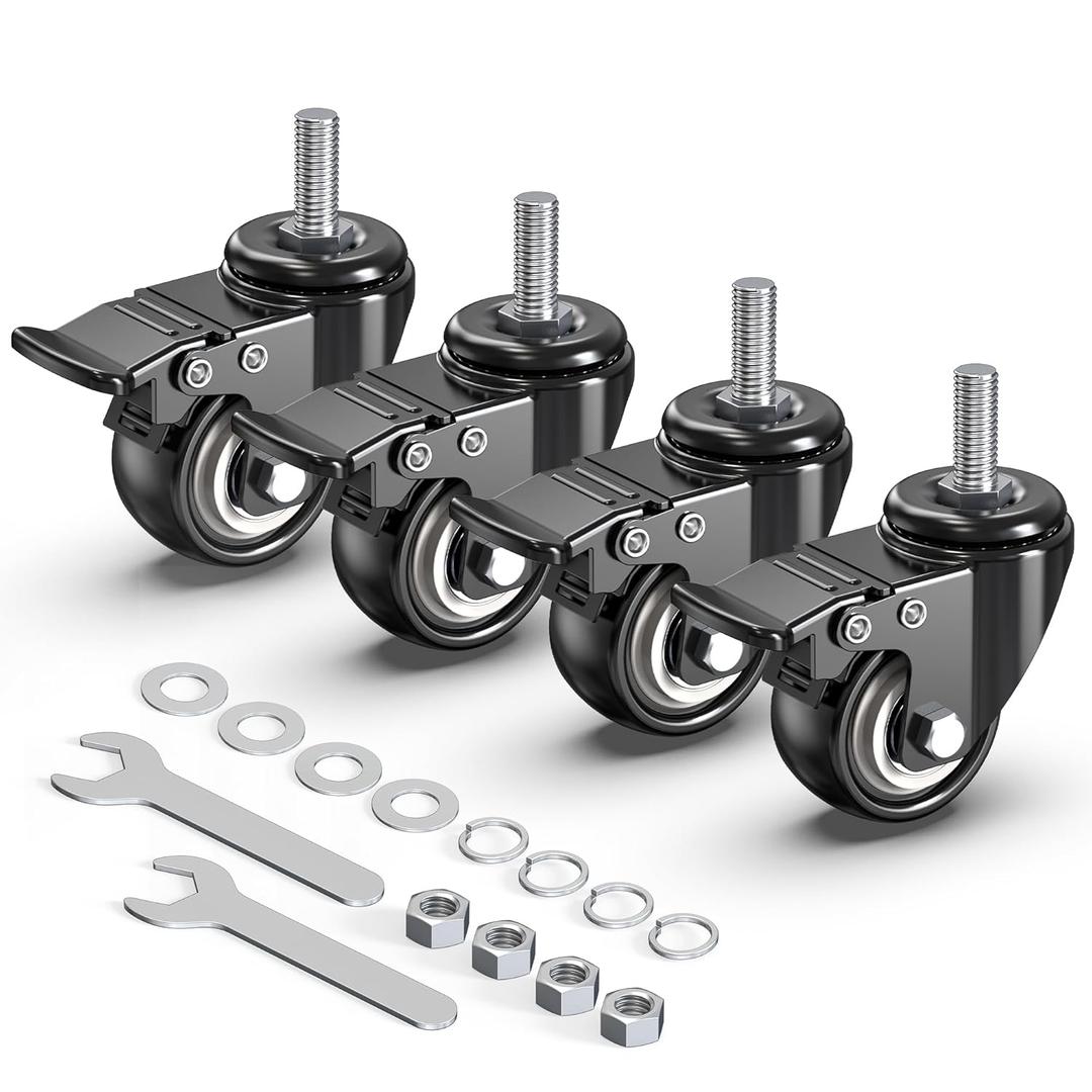 HOLKIE Stem Caster Wheels 2 inch Total Locking Casters Set of 4, Threaded Stem 3/8" -16 x 1 (Diameter 3/8", Length 1") Swivel Heavy Duty Castors Black