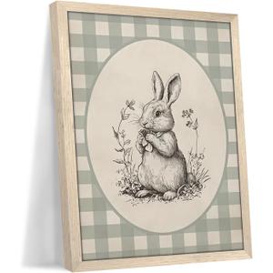 Framed Easter Bunny Wall Art, Cute Rabbit Easter Canvas Print Paintings, Rustic Farmhouse Spring Animal Wall Decor, Vintage Holiday Decor Oil Painting for Living Room Bedroom Nursery 8x10 Inch