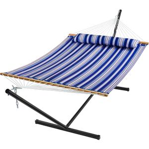 SUPERJARE Hammock with Stand, 2 Person Quilted Outdoor Hammock, Detachable Pillow & Bamboo Spreaders, Portable Hammock with Carrying Bag, Heavy Duty Stand, Perfect for Outside, Navy Blue Stripe