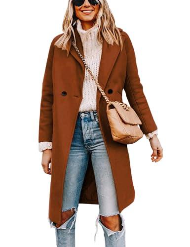 Tanming Women's Notch Lapel Double Breasted Wool Blend Mid Long Pea Trench Coat (Caramel-M)