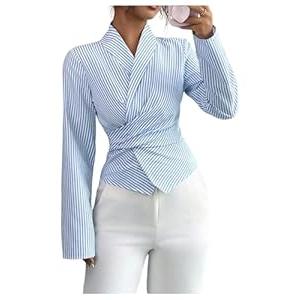 Milumia Women's Striped Long Sleeve Wrap Blouse Asymmetrical Collared Dressy Casual Shirt Tops Blue and White Medium
