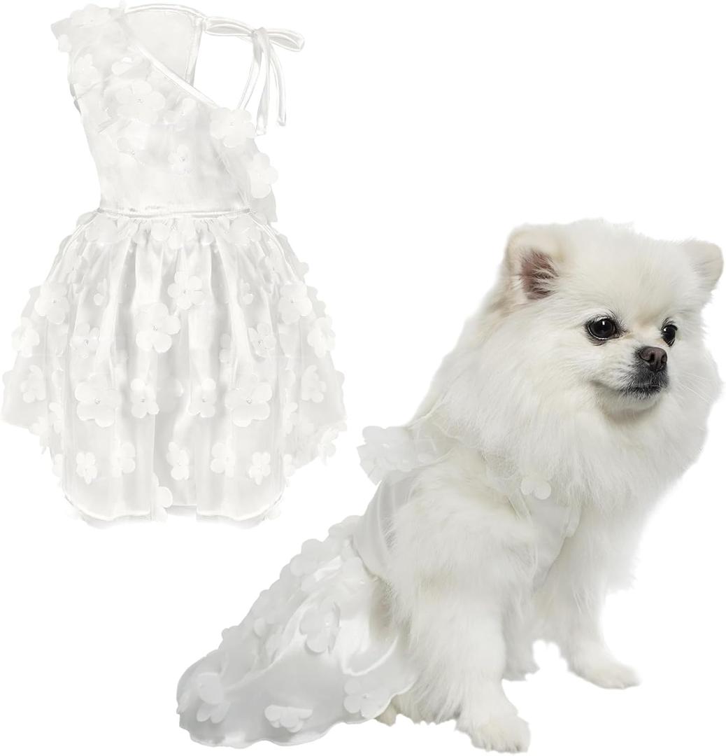 TONY HOBY Dog Party Dress, Dog Sundress with Sparkling White Petals, Pet Dress Clothes for Small Dogs (White, XL)