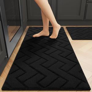 hicorfe Kitchen Runner Rugs and Mats Sets,2 Pieces Absorbent Non-Slip Kitchen Rug,Comfort Kitchen Mat for Floor,Washable for Kitchen,Hallway,Office,Sink,Laundry(20"x48"+20"x32",Black)