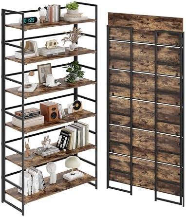 BHG Vintage Multifunctional Folding Bookshelf, No-Assembly Plant Stand Storage Rack Shelves for Home Office, 6-tier Wide, Fire