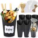 50 Sets 12 oz Charcuterie Cups Black, 100 Picks + 50 Bags + 50 Labels, Disposable Charcuterie Cups with Sticks, Paper Individual Snack Cup Disposable French Fry Cup for Parties, Catering