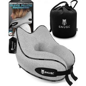 SNUGL Travel Pillow  Memory Foam Pillows - Neck Pillow for Airplane with Carry Bag & Clip  Neck Support Pillows for Pain Relief - Airplane Travel Essentials (Adult Small - Grey)