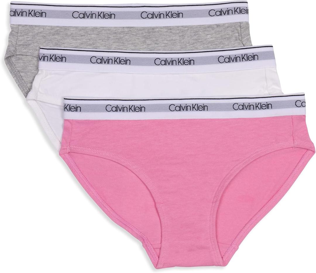 Calvin Klein Girls' Modern Cotton Bikini Panty (Small, 3 Pack - Sachet Pink, Classic White, Heather Grey)