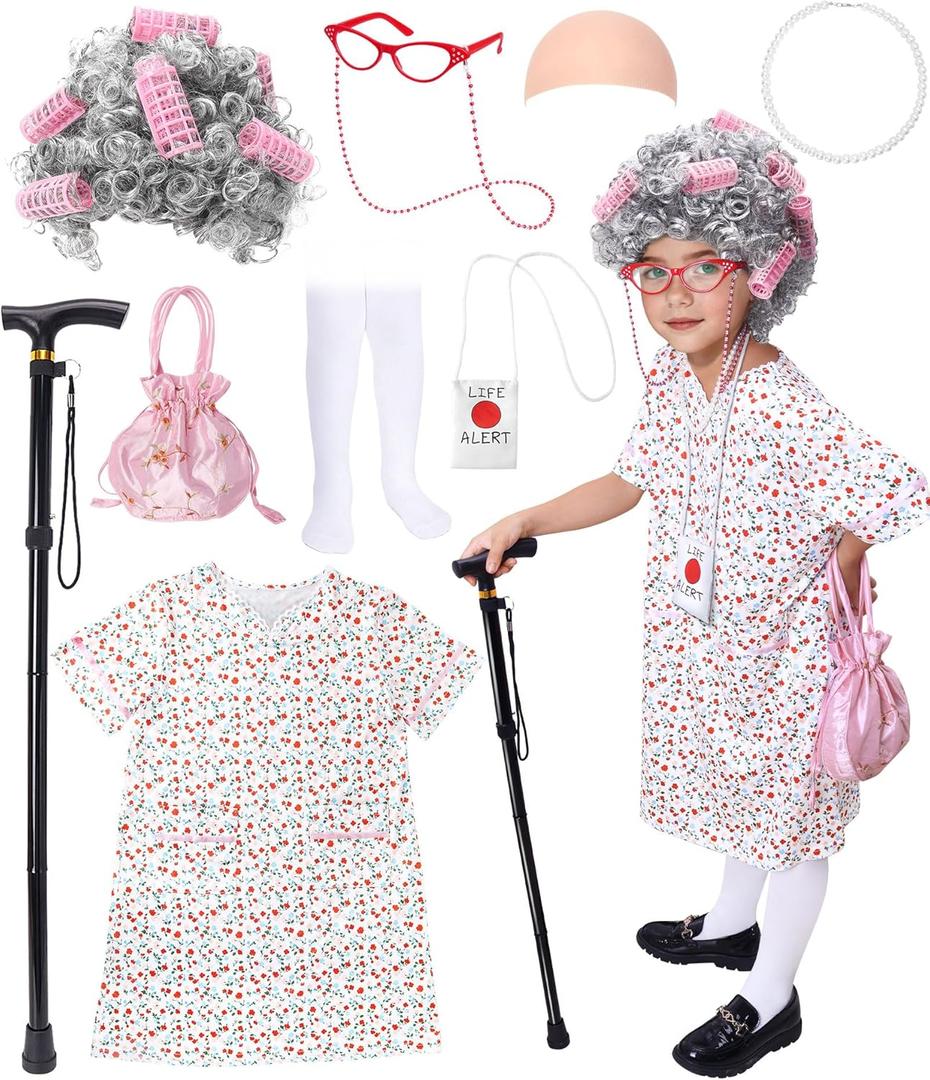 CONGRU 9 PCS Old Lady Costume for Kids,100 Days of School Costume Girls,Granny Grandma Costume Kids Old Lady Wig Accessories (3-5Y)