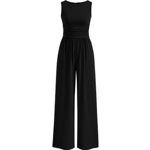 PRETTYGARDEN One Piece Jumpsuits for Women Dressy Casual Sleeveless Crewneck Wide Leg Rompers Jumpers Vacation Summer Outfits (Black, S)