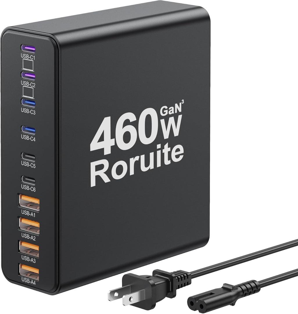 460W USB C Charger Block, 10-Port Charging Station GaN Fast Charger Block Type C & USB A Wall Charger, Dual 65W Laptop Multiport for iPhone, iPad, MacBook Pro/Air, Samsung Galaxy, Android (Black)