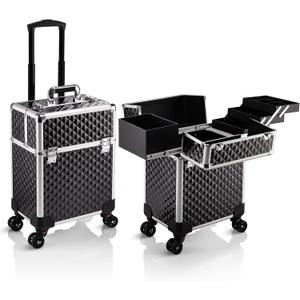 Stagiant Rolling Makeup Train Case Large Storage Cosmetic Trolley 4 Tray with Sliding Rail Removable Middle Layer with Key Swivel Wheels Salon Barber Case Traveling Cart Trunk (Pro Black)