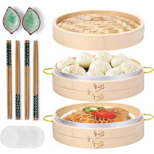 MacaRio Bamboo Steamer Basket Set 10 inch Steamer for Cooking, with Side Handles Chopsticks Ceramic Sauce Dishes Paper Liners, for Dim Sum Dumplings Buns Seafoods Rice Asian Foods