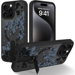 OOK Case Fit for iPhone 15 Pro Max 6.7 Inch (Compatible with MagSafe) Gray Floral Flowers Soft TPU and Hard PC Phone Cover with Kickstand Anti-Scratch Shockproof Protection Magnetic Case for Women
