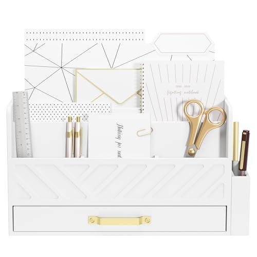 WISUCART Bamboo Desk Organizer Mail Holder Countertop Wood Desk Drawer Tabletop Storage Box Pen Holder Letter Sorter Makeup Organizer for School Home Office Supplies with Pen Holder White