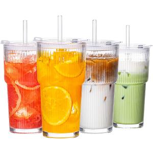 Glass Cups with Lids and Straws 4 Pack, 20oz Ribbed Glass Cups, Leak Resistant Iced Coffee Tumblers, Thick Reusable Drinking Glasses, Fits Car Cup Holder, Clear Coffee Bar Accessories