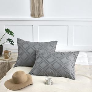 King Pillow Shams 2 Pack, King Size Pillowcases, Soft Microfiber Geometric Tufted Pillow Covers with Envelope Closure, Grey, 20x36 Inches (No Insert) (Gray-grid)