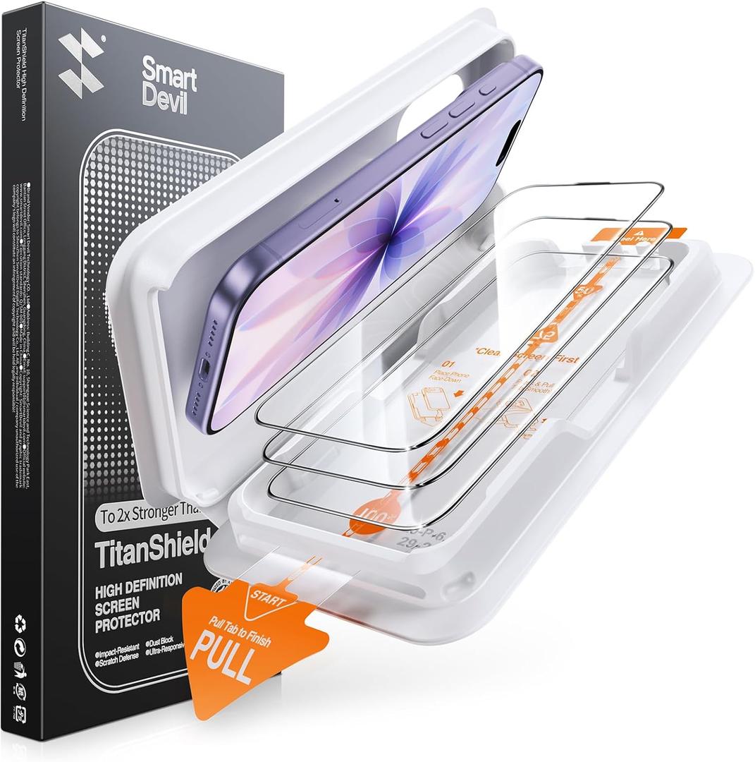 SMARTDEVIL 3 Pack Screen Protector for iPhone 17, Optical Clear 9H Tempered Glass, 2X Impact Resistance, Anti-Fingerprint Coating, SmartPull Box Bubble-Free Install