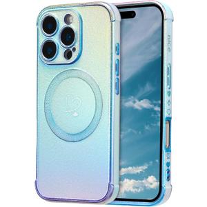 ZTOFERA Magnetic Case for iPhone 16 Pro Case 6.3",Cute Luxruy Iridescent Case with Love Hearts Pattern, Plating Edge Camera Lens Protection Shockproof Phone Case for Women Girls,Blue