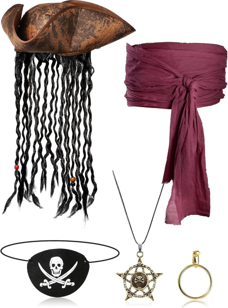 Sintege 5 Pieces Pirate Costume Accessories Set Pirate Hat with Dreadlock Earring Skull Necklace Eye Patch Sash for Men Women (Burgundy)