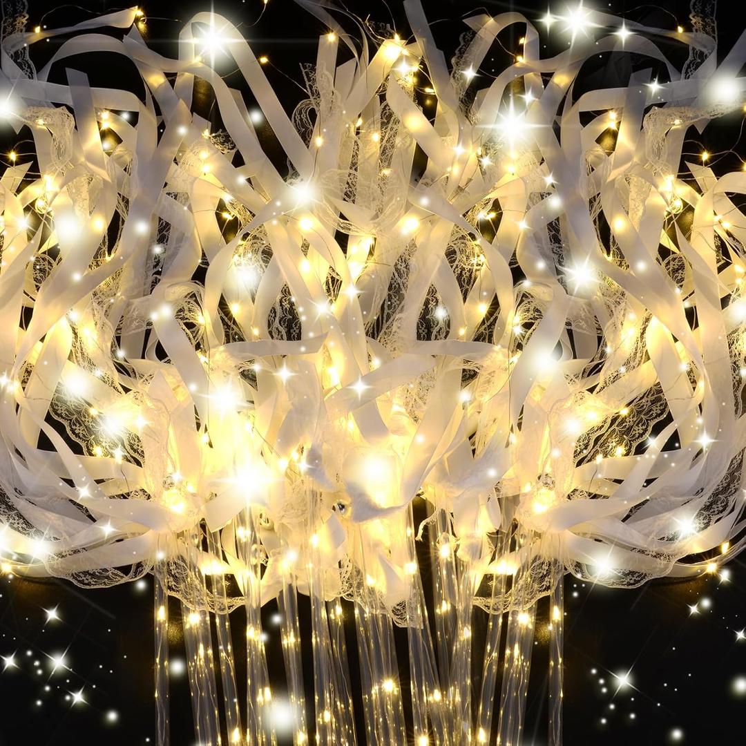 HONLYNE 200PCS Light up Wands for wedding, Wedding Wands Streamers with 3 Colorful Flashing Modes, Fairy Wands, LED Silk Fairy Wand with Bells for Wedding, New Year, Thanksgiving, Concert