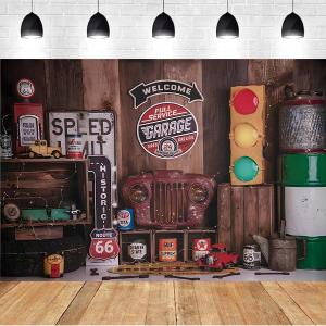 No. 66 Car Repair Warehouse Photography Backgrounds Car Mechanic Signal Light Boy 1 Year Old Birthday Cake Smash Decoration Background Route 66 Gas Station Photo Studio Backdrop Vinyl,9x6feet