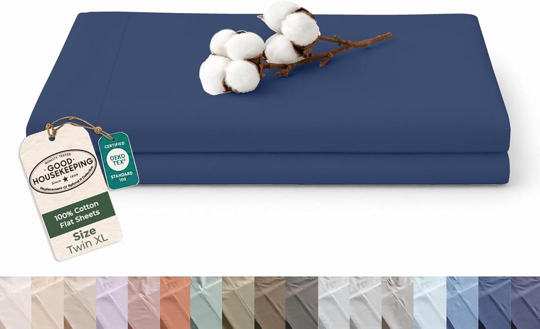 Royale Linens 100% Organic Cotton Twin XL Size Flat Sheet Only - Percale Top Sheets - Twin XL Flat Sheet Sold Separately - Lightweight & Super Soft 100% Cotton Navy Bed Sheets Only (66" x 102" Navy)