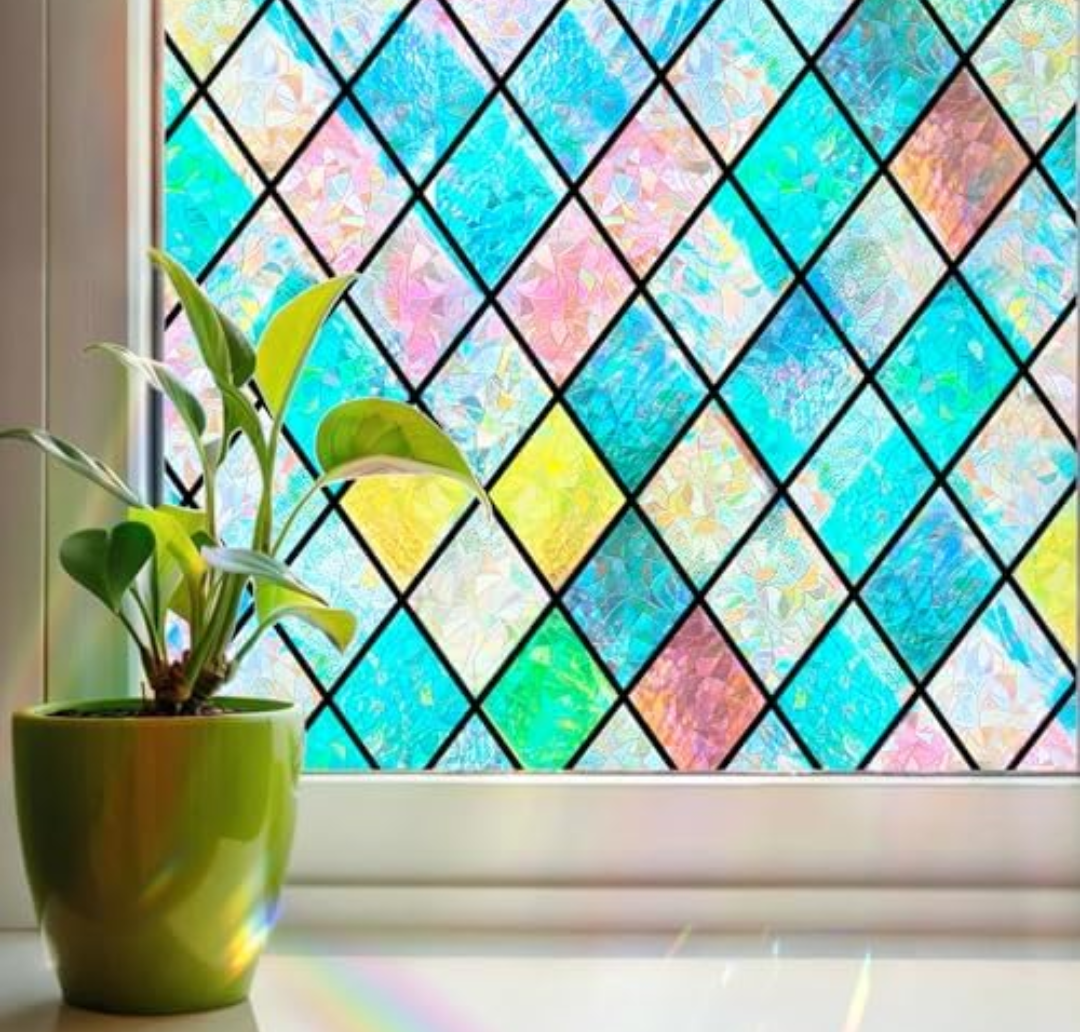 Linarun Stained Glass Window Film Rainbow Window Privacy Film 3D Decorative Static Cling Door Glass Decals Non Adhesive Removable for Home Office 90x200cm